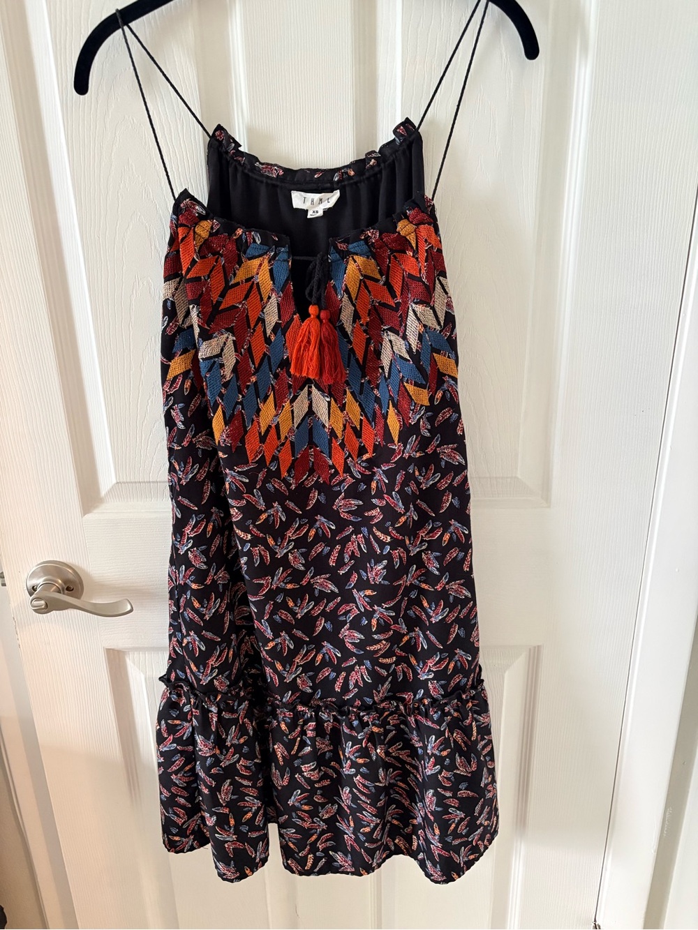 THML Black Dress with Red, Orange & Blue Embroidered Diamond Pattern XS